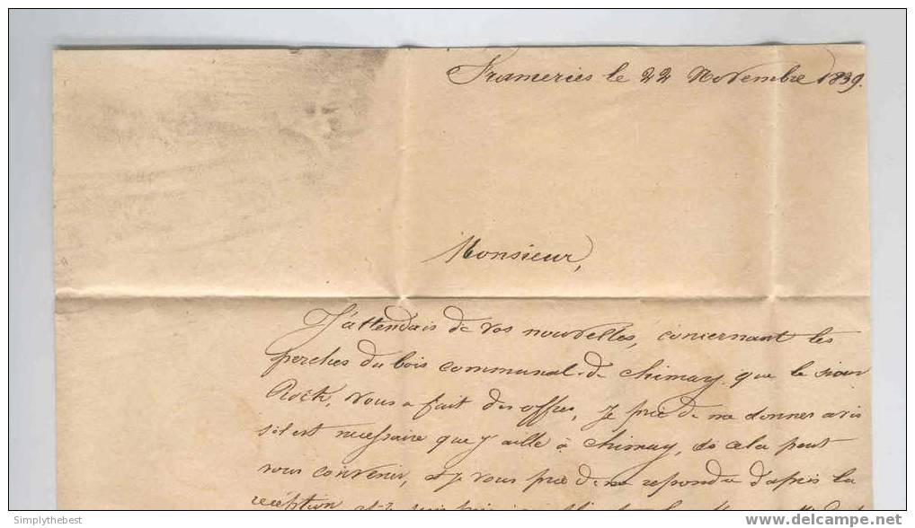 Lettre Préphilatélique MONS 1839 Vers CHIMAY - Boite Rurale Z Origine Manuscrite FRAMERIES  --   EE633 - Rural Post