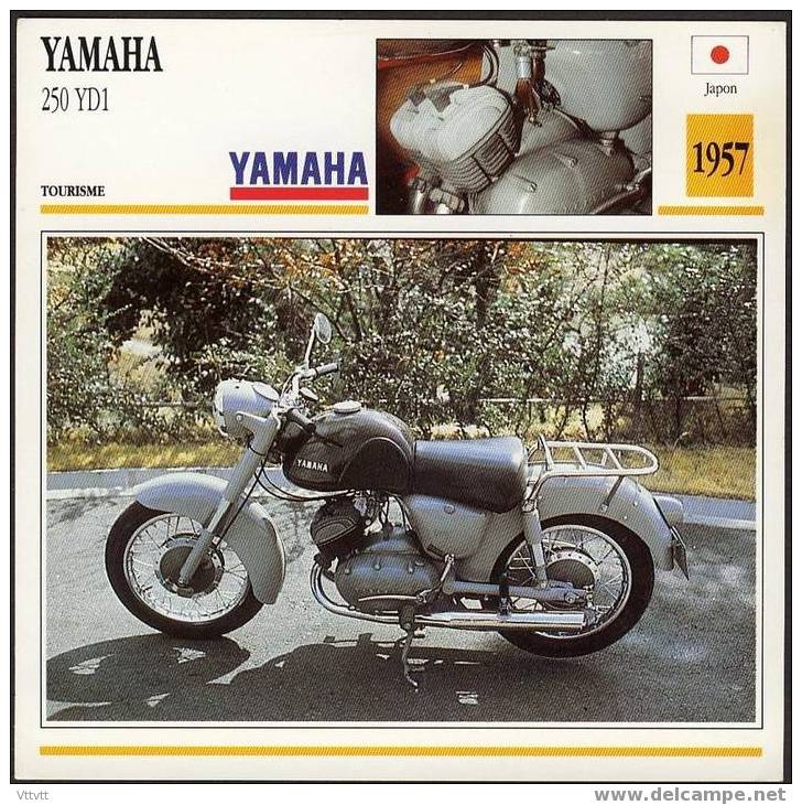 Fiche Moto, YAMAHA 250 YD1 (Tourisme, Japon, 1957), Détail Technique Au Dos (14 Cm De Côté) 2 Scans - Motorräder