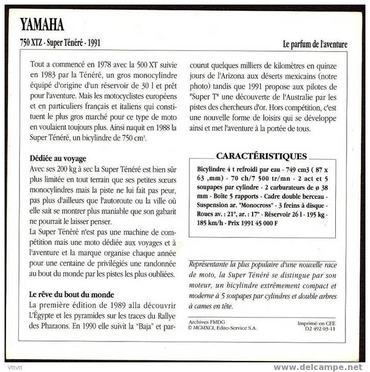 Fiche Moto, YAMAHA 750 XTZ SUPER TENERE (Tout-Terrain, Japon, 1991), Détail Technique Au Dos (14 Cm De Côté) 2 Scans - Motor Bikes