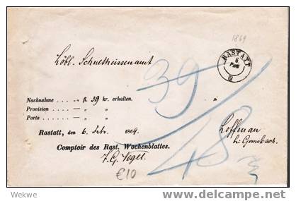Bad002/  BADEN - Rastatt – 1869 – 2-Kreiser M. Wappen Auf Nachnahmebrief – N. Hoffenau (Gernsbach) - Covers & Documents