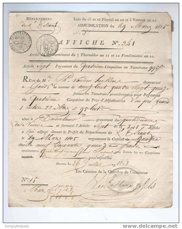 Document Département De L' Escaut Vente De Biens Nationaux 1808 DENDERLEEUW (Quotidiennes De Ninove)       --   EE647 - 1794-1814 (Période Française)