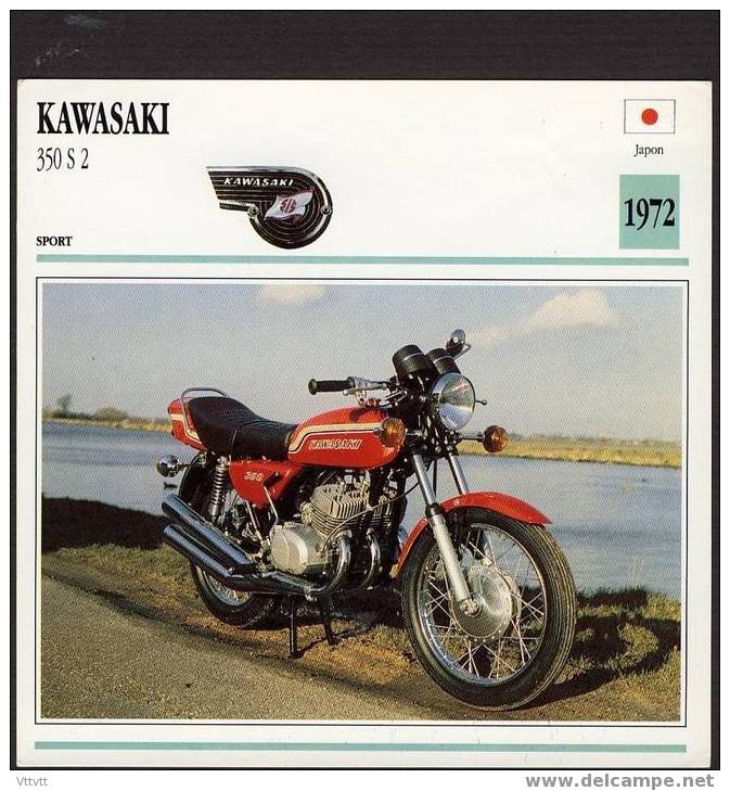 Fiche Moto, KAWASAKI 350 S 2 (Sport, Japon, 1972), Détail Technique Au Dos (14 Cm De Côté) 2 Scan - Motorräder