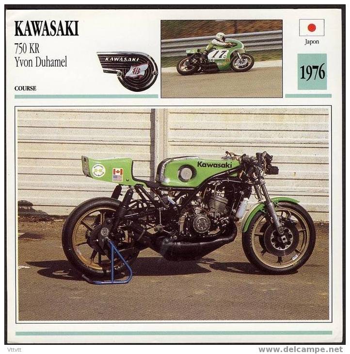Fiche Moto, KAWASAKI 750 KR YVON DUHAMEL (Course, Japon, 1976), Détail Technique Au Dos (14 Cm De Côté) 2 Scan - Motorräder