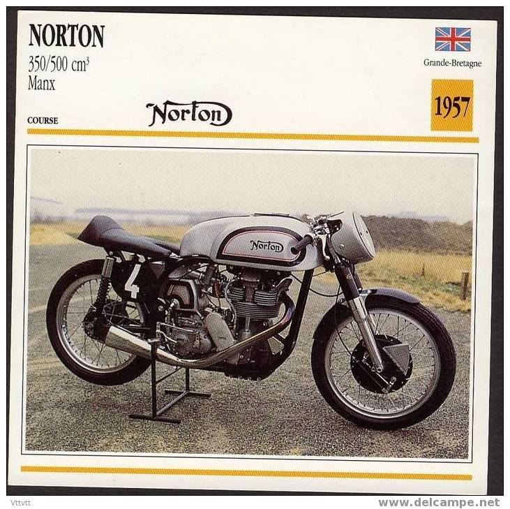 Fiche Moto, NORTON 350/500 Cm3 MANX (Course, Grande-Bretagne, 1957), Détail Technique Au Dos (14 Cm De Côté) 2 Scan - Motor Bikes