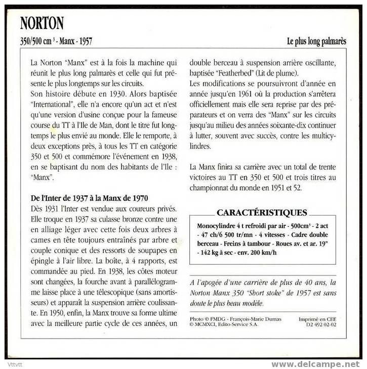 Fiche Moto, NORTON 350/500 Cm3 MANX (Course, Grande-Bretagne, 1957), Détail Technique Au Dos (14 Cm De Côté) 2 Scan - Motos