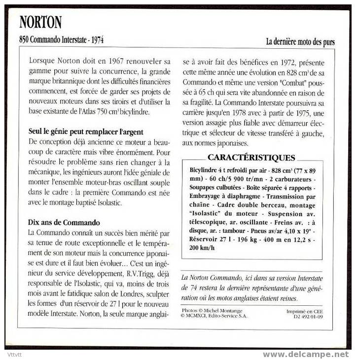 Fiche Moto, NORTON 850 COMMANDO INTERST (Sport, Grande-Bretagne, 1957), Détail Technique Au Dos (14 Cm De Côté) 2 Scan - Motorräder