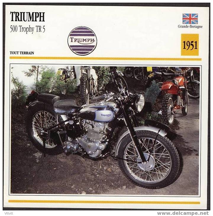 Fiche Moto, TRIUMPH 500 TROPHY TR5 (Tout Terrain Grande-Bretagne, 1951), Détail Technique Au Dos (14 Cm De Côté) 2 Scan - Moto