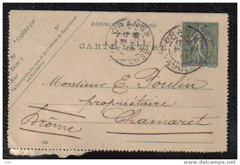 Carte-Lettre Avec 15 C Semeuse Vert Ligné - Oblitération ORANGE De 1905 Pour CHAMARET - Letter Cards