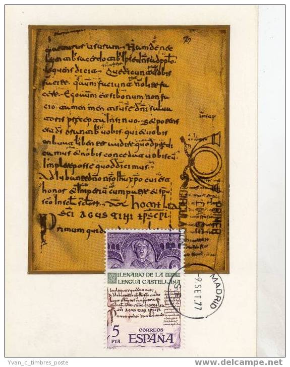 ESPAGNE CARTE MAXIMUM FIRST DAY COVER MILLENAIRE DE LA LANGUE CASTILLANE - Maximum Kaarten