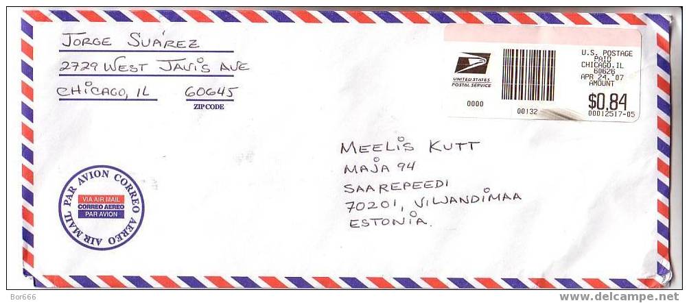 GOOD Postal Cover USA ( Chicago ) To ESTONIA 2007 - Postage Paid 0,84$ - Briefe U. Dokumente