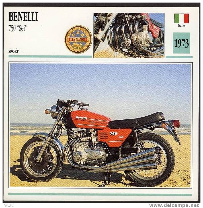 Fiche Moto, BENELLI 750 "SEI" (Sport, Italie, 1973), Détail Technique Au Dos (14 Cm De Côté ) 2 Scan - Motor Bikes