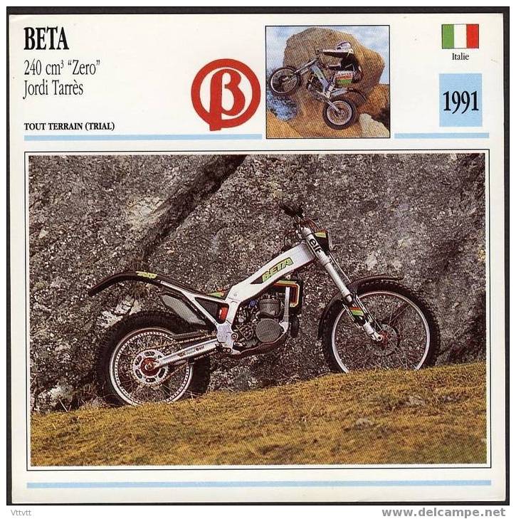 Fiche Moto, BETA 240 Cm3 "ZERO" JORDU TARRES (Trial, Italie, 1991), Détail Technique Au Dos (14 Cm De Côté ) 2 Scan - Motorräder