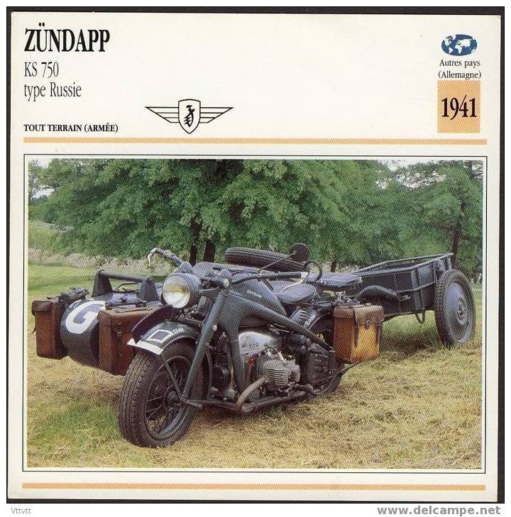 Fiche Moto, ZUNDAPP KS 750 TYPE RUSSIE (Tout Terrain, Allemagne, 1941), Détail Technique Au Dos (14 Cm De Côté ) 2 Scan - Moto