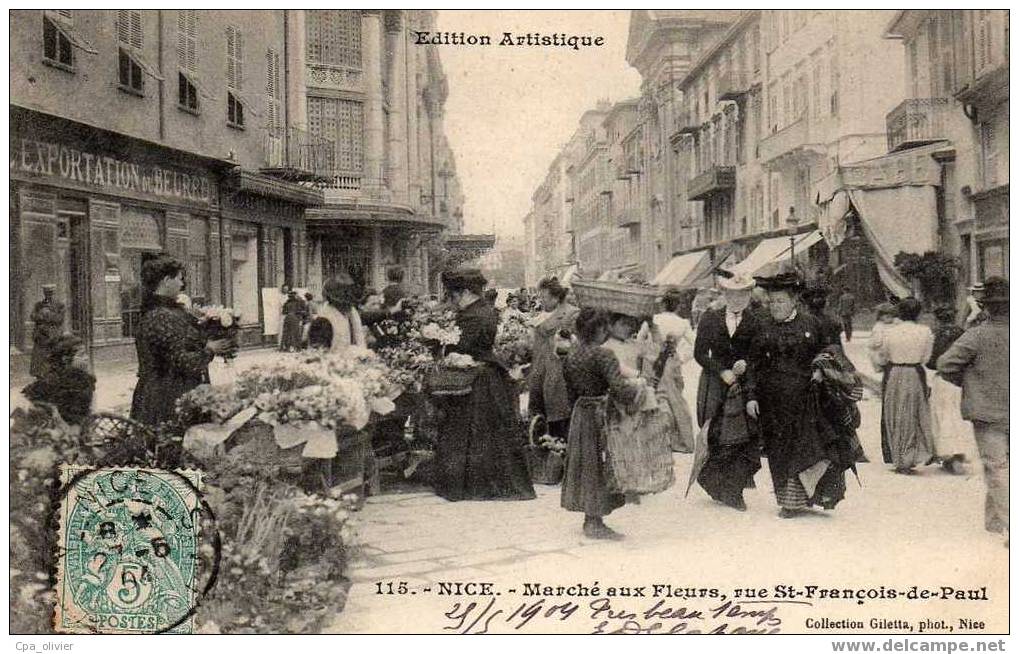 06 NICE Rue St Francois De Paul, Marché Aux Fleurs, Très Animée, Beau Plan, Ed Giletta 115, Edition Artistique, 1904 - Markets, Festivals