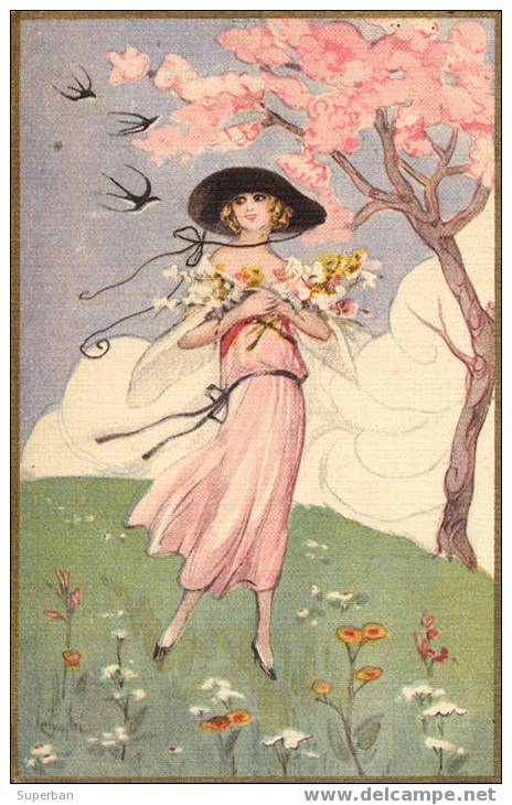 ART DÉCO : JEUNE FEMME En ROBE ROSE Avec FLEURS Et HIRONDELLES - SUPERBE ILLUSTRATION SIGNÉE: CHIOSTRI (z-225) - Chiostri, Carlo