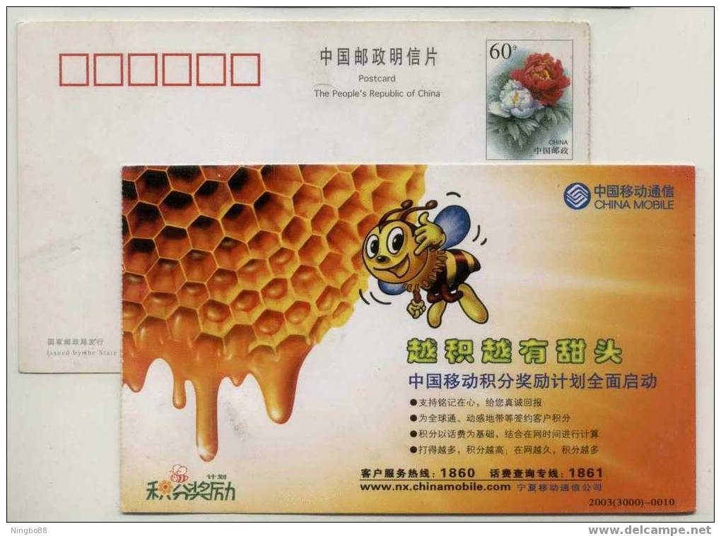 Honeybee,Bee,Honeycomb,Ch   Ina  2003 Ningxia Mobile Advertising Postal Stationery Card - Honeybees