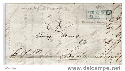 Braun026/  BRAUNSCHWEIG - Schöningen 1861 – Umseitig Kastenstempel Bremervörde, Sowie BP - Braunschweig