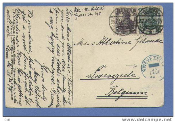 Kaart Verzonden Van Duitsland Met Als Aankomst BLAUWE !!! Stempel SWEVEZEELE  (Noodstempel) - Fortune Cancels (1919)