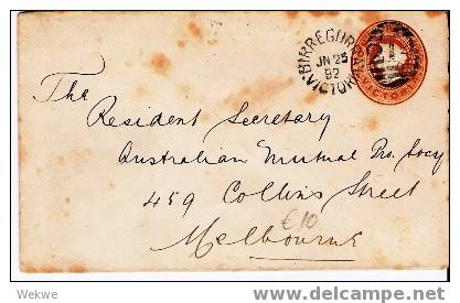 Vic029/ Birregurra,  1892,  Auf Ganzsachenumschlag Nach Melbourne - Storia Postale