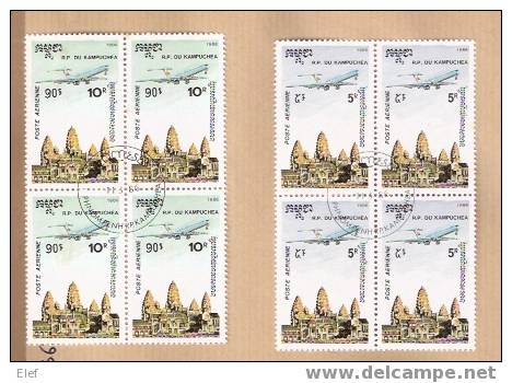 KAMPUCHEA , Poste Aérienne ,"Avion Survolant Le Temple Angkor Vat"Yvert N° 32/35 Ob En BLOC De QUATRE ; Cote 50 Euros,TB - Kampuchea