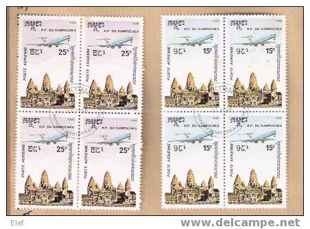 KAMPUCHEA , Poste Aérienne ,"Avion Survolant Le Temple Angkor Vat"Yvert N° 32/35 Ob En BLOC De QUATRE ; Cote 50 Euros,TB - Kampuchea