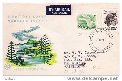 Nor014/ 2 Vogelwerte Auf FDC 1961 Nach USA - Norfolkinsel