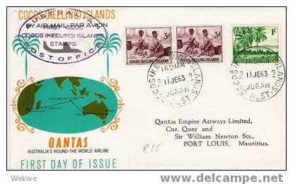 Coc007/ Marken Der 1. Ausgabe Auf Quantas  Flugbrief N. Mauritius, 1963 - Kokosinseln (Keeling Islands)