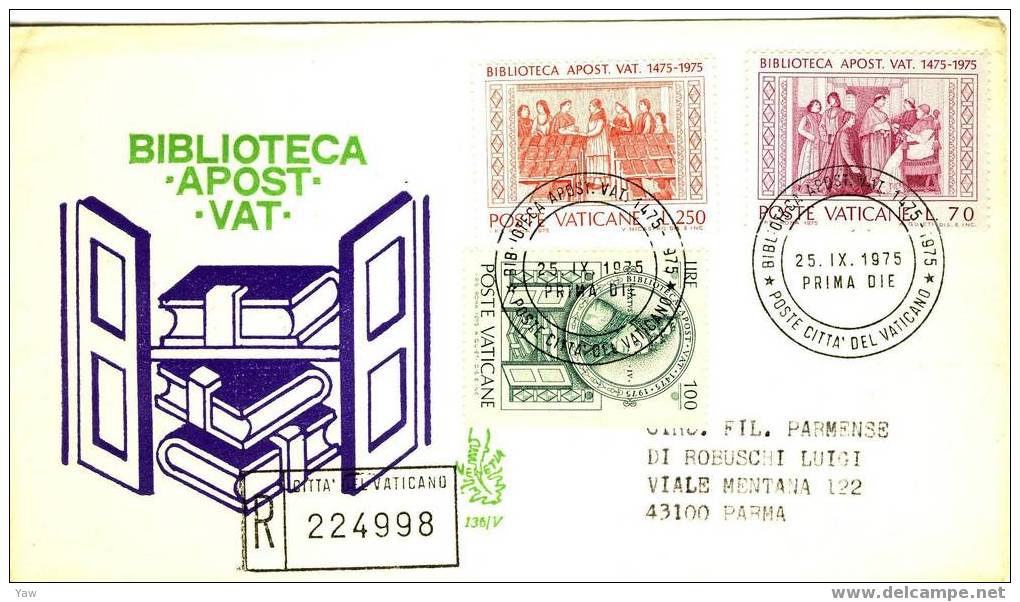 VATICANO FDC 1975 BIBLIOTECA APOSTOLICA VATICANA, VIAGGIATA - Musées