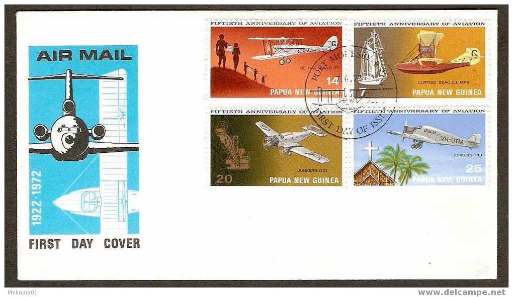 PAPUA NEW GUINEA 1972 50 YEARS OF AVIATION, AEROPLANE, SHIP FDC # 5496 - Gallinacées & Faisans