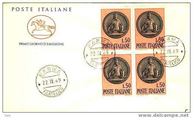 ITALIA FDC "CAVALLINO" 1969  RAGIONERIA GENERALE DELLO STATO. OPERA DI MONASSI. QUARTINA - Incisioni