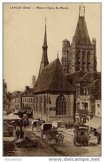 LAIGLE - Place Et Eglise Saint Martin - Très Belle Animation Beau Plan, Voiture, Attelages, - L'Aigle