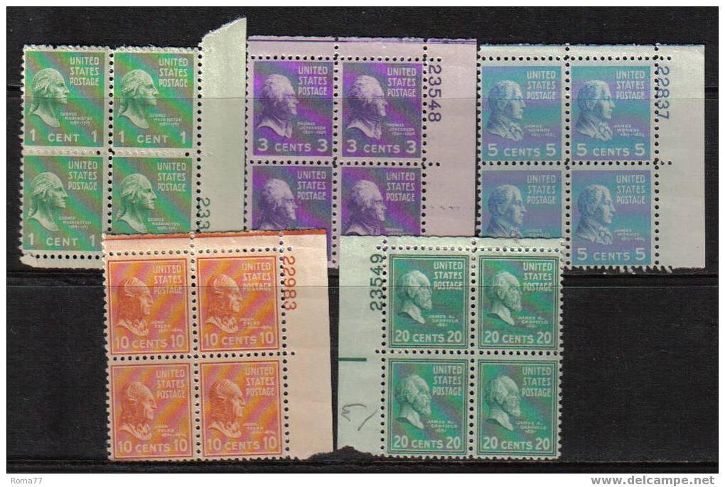 6 - STATI UNITI 1938, Ordinaria 5 Valori In Quartina *** . - Plate Blocks & Sheetlets