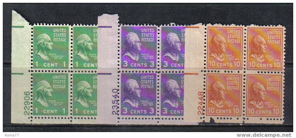 50 - STATI UNITI , 3 Valori Ordinari In Quartina *** . - Plate Blocks & Sheetlets