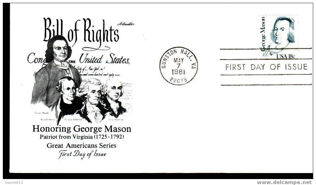 Fdc Usa 1981 Histoire Indépendance USA George Mason 1725 1792 Père Du Bill Of Rights - Us Independence