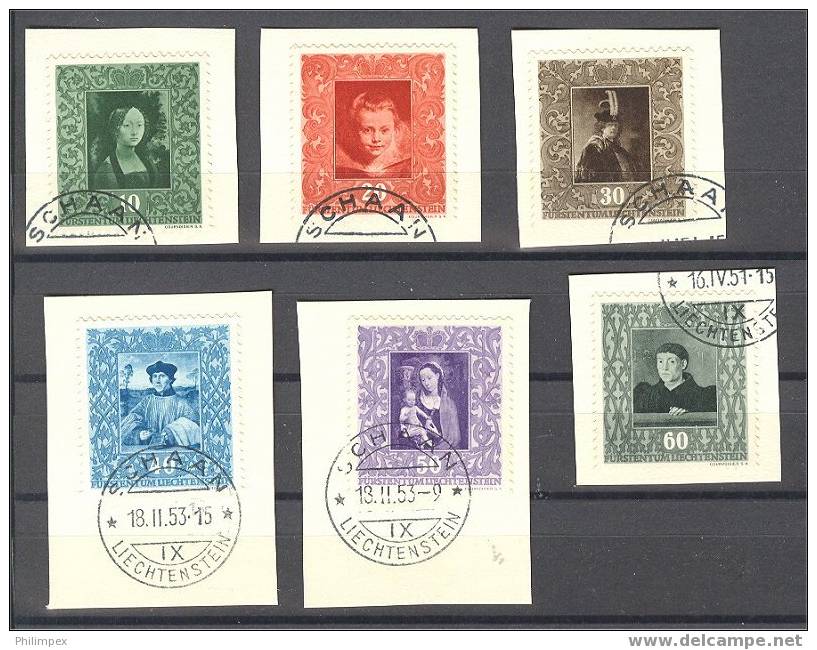 LIECHTENSTEIN, FAMOUS PAINTINGS TWO FULL SETS  1949, 52 BOTH F/VFU ON PIECES - Used Stamps