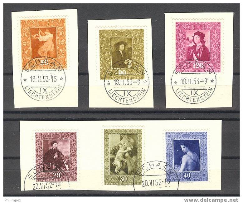 LIECHTENSTEIN, FAMOUS PAINTINGS TWO FULL SETS  1949, 52 BOTH F/VFU ON PIECES - Used Stamps