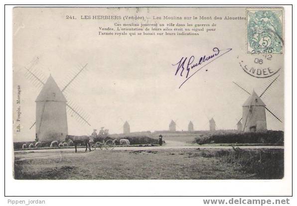 85 LES HERBIERS * Les Moulins Sur Le Mont Des Alouettes * Belle CPA Animée, Postée En 1906 - Les Herbiers