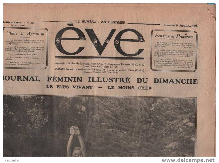 EVE 18 SEPTEMBRE 1927 - JOURNAL FEMININ - MODE - CASANOVA - CANADIENS - PUBLICITE ... - General Issues