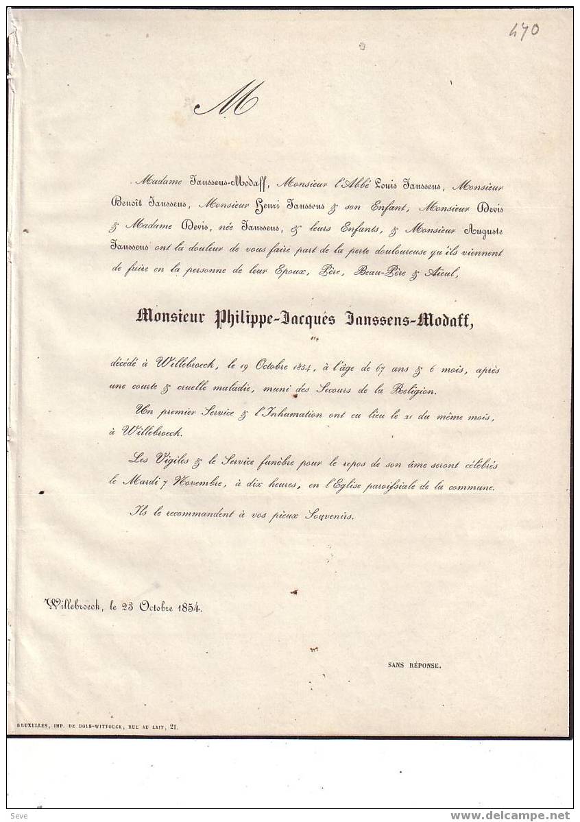 WILLEBROEK Philippe JANSSENS-MODAFF 67 Ans 1852 Doodsbrief Rouwbrief - Esquela