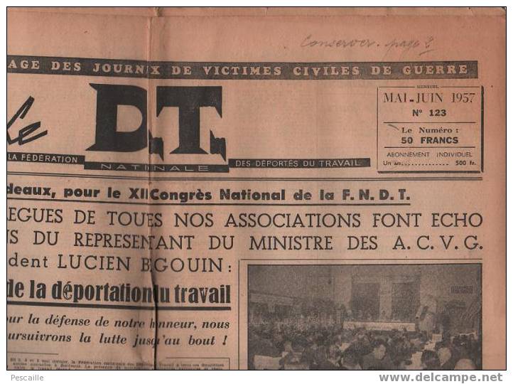 LE D.T. MAI-JUIN 1957 - DEPORTES DU TRAVAIL - BORDEAUX - FUNK - PENSIONS DE GUERRE ... - General Issues
