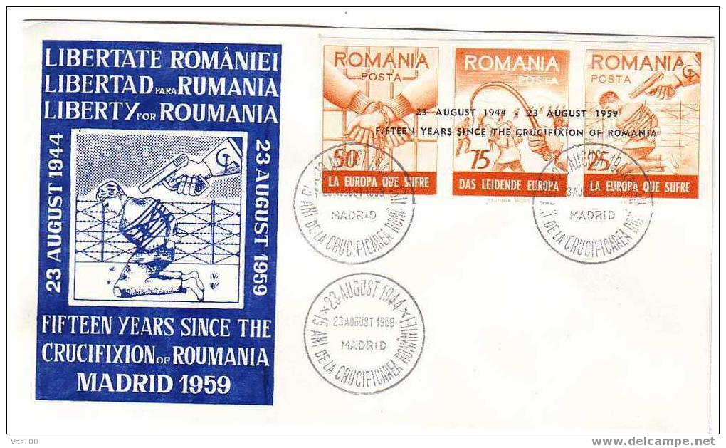 Roumanie Emission De Propagande Contre L'occupation Soviétique De La Roumanie,FDC 1958,IMPERF TRIPTIC OVERPRINT - FDC