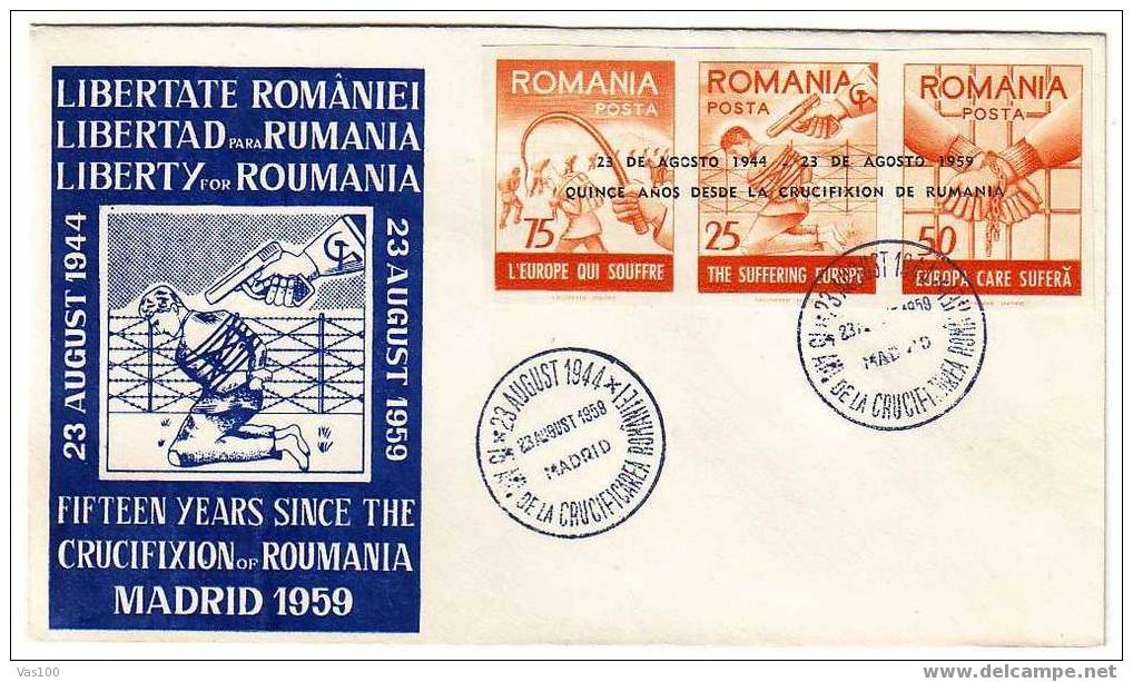 Roumanie Emission De Propagande Contre L'occupation Soviétique De La Roumanie,FDC 1958,IMPERF TRIPTIC OVERPRINT TIP C - FDC