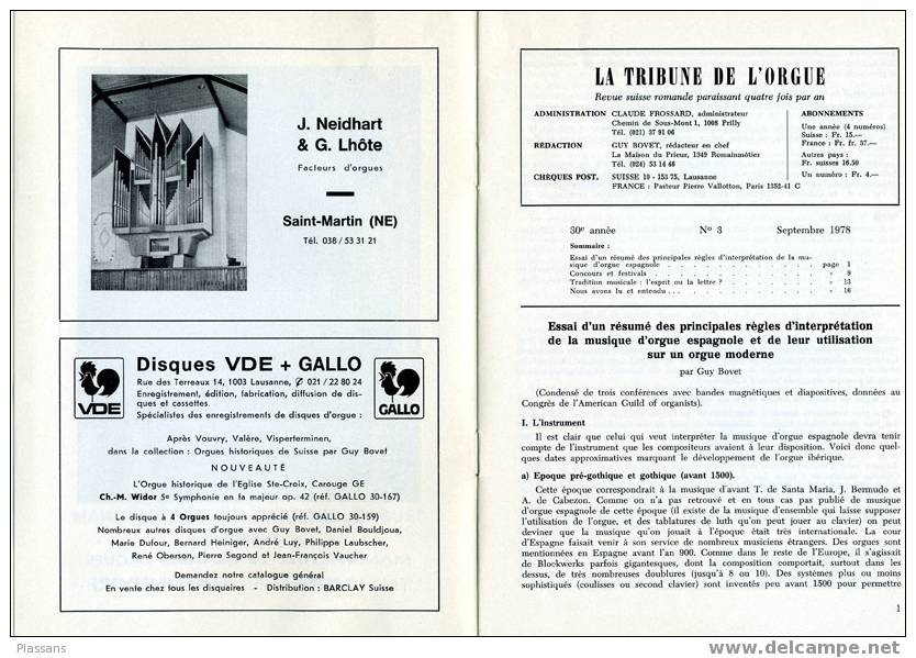 LA TRIBUNE DE L´ORGUE. Revue Suisse Romande. N°3/ 1978 - Muziek