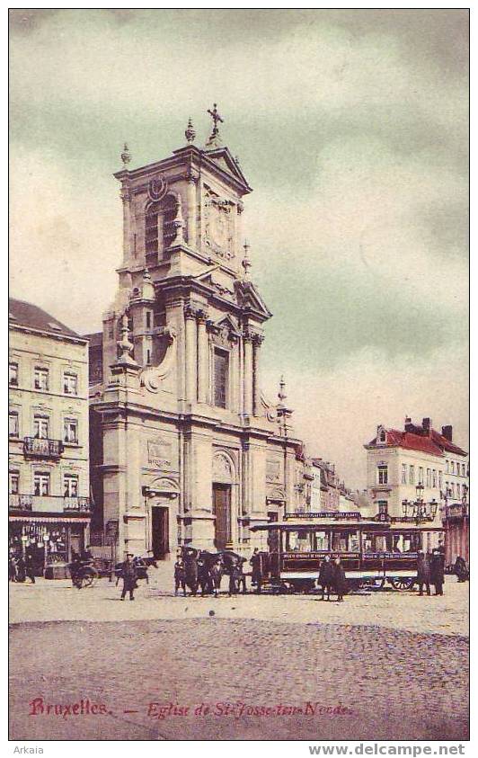 SAINT JOSSE TEN NOODE = L'église + Tram Tiré Par Un Cheval - Très Animée - Couleur - St-Josse-ten-Noode - St-Joost-ten-Node