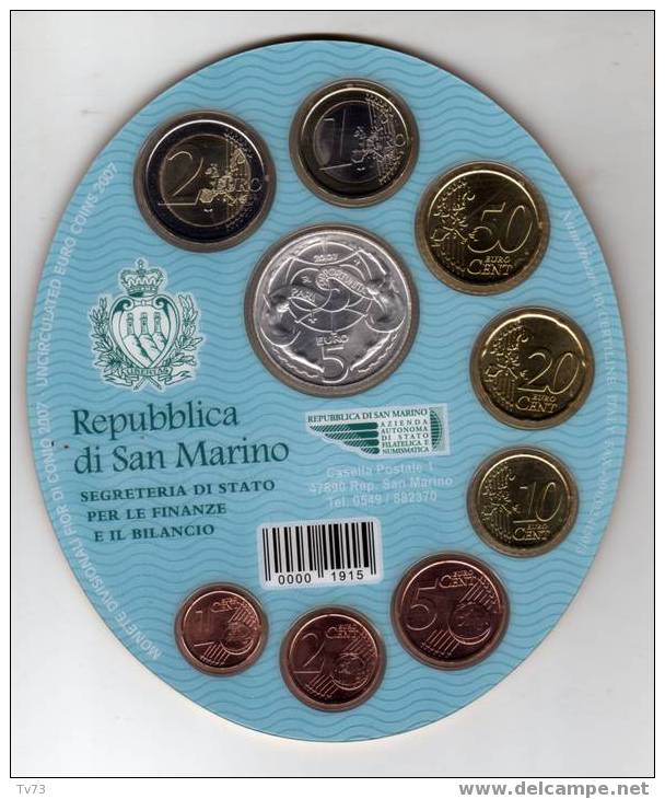 Coffret SAN MARINO 9 Pièces 2007 - BU - 1c -> 2€ + 5€ Argent (ref  : Piece 027) - San Marino