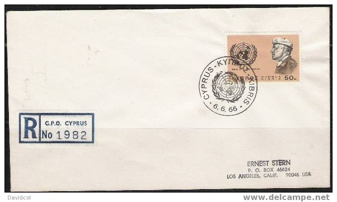 S905.-.CHIPRE - REGISTERED AND CIRCULATED F.D.C. TO U.S.A. 1966-GEN. K.S. THIMAYYA. - Otros & Sin Clasificación