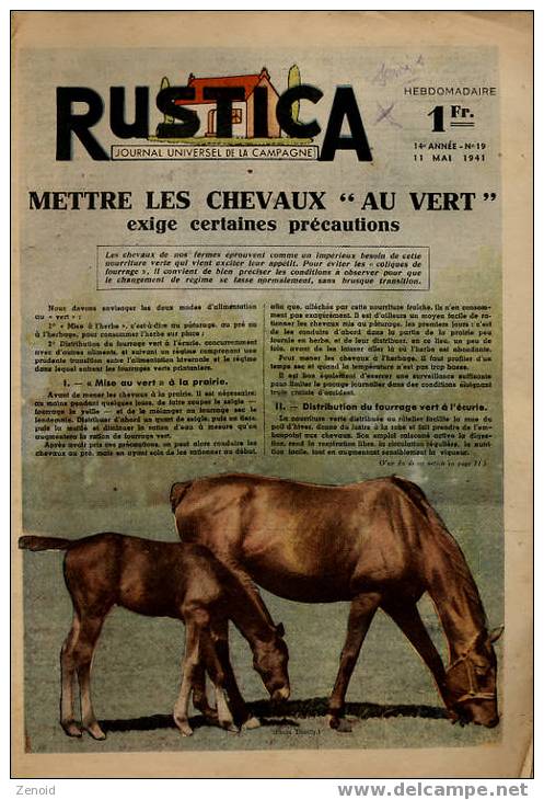 Rustica 14e Année N°19 - 11 Mai 1941 - Mettre Les Chevaux "au Vert" - Animales