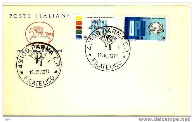 ITALIA FDC "CAVALLINO" 1974  UNIONE POSTALE UNIVERSALE. 100 ANNI - U.P.U.