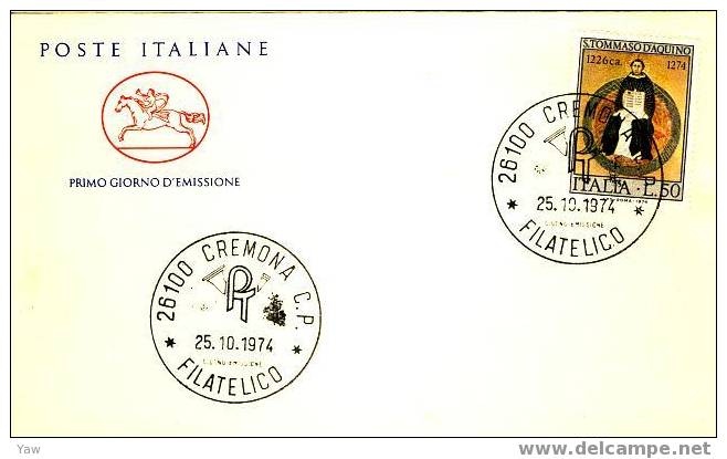 ITALIA FDC "CAVALLINO" 1974  SAN TOMMASO D'AQUINO FILOSOFO TEOLOGO 1226-1274 - Theologians