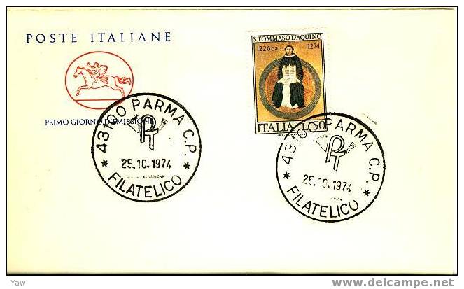 ITALIA FDC "CAVALLINO" 1974  SAN TOMMASO D´AQUINO FILOSOFO TEOLOGO 1226-1274 - Théologiens